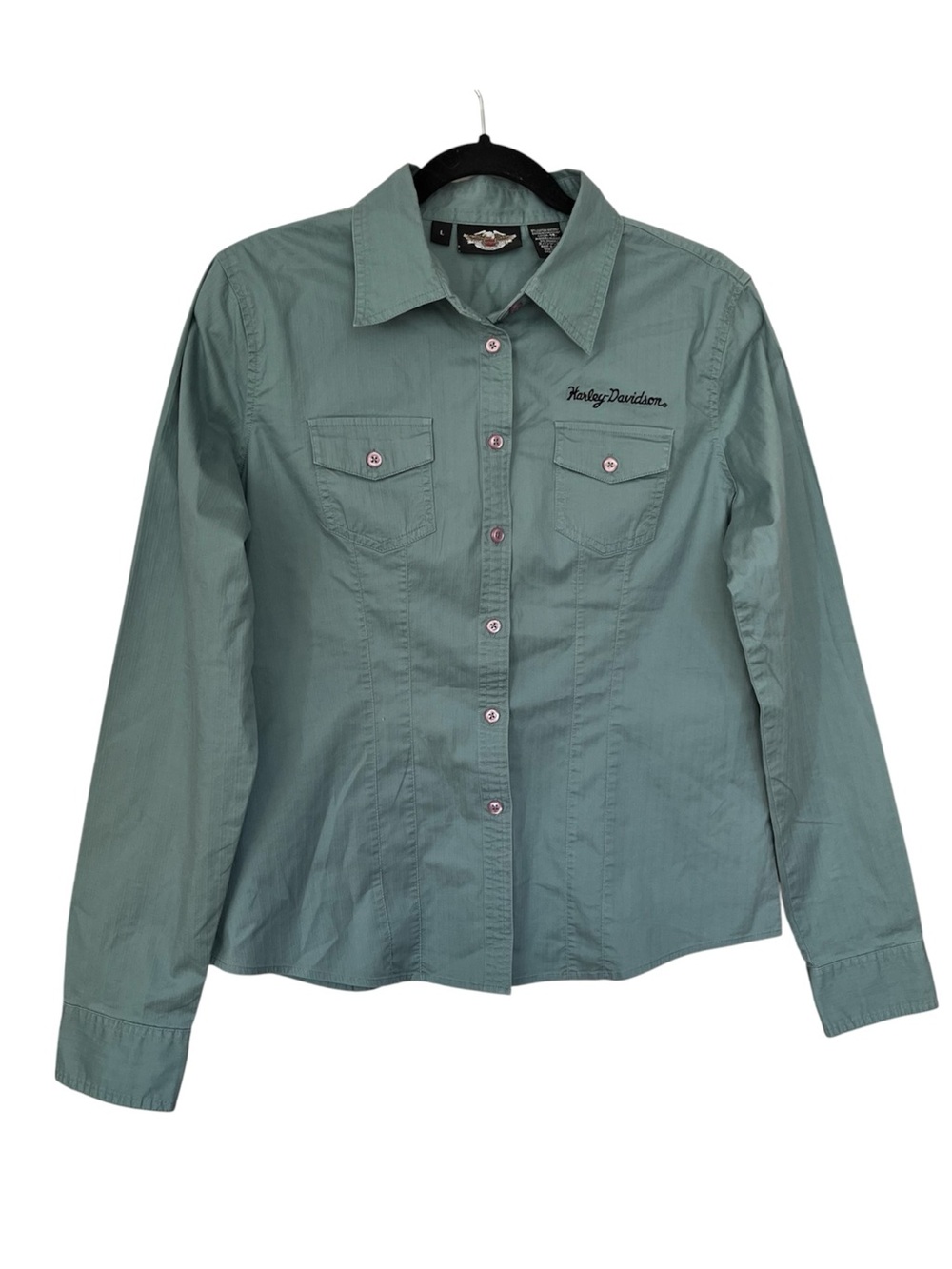Harley Davidson Women's Sea foam Teal Long Sleeve Button Down Shirt